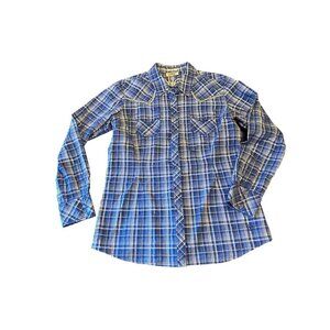 Ariat Western Shirt Blue Plaid Button Up Pearl Snap Button Beaded Size X Large